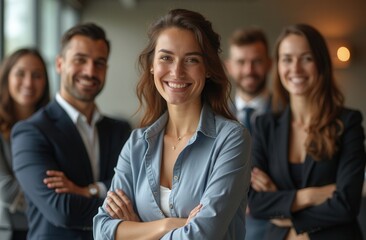 A diverse group of professionals smiles confidently in a modern office setting during a team collaboration meeting in the afternoon