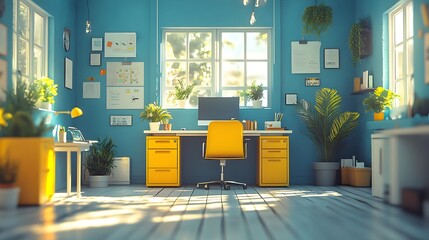 Fototapeta premium Bright startup environment in 2025 with relaxed seating smart devices young professionals and an inspiring workspace