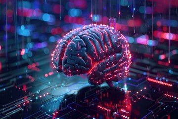 Three dimensional rendering of an artificial intelligence brain floating over a motherboard receiving data