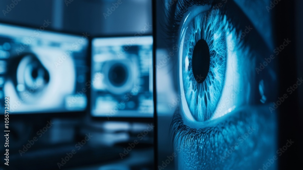 Poster a close-up of a human eye is displayed alongside multiple digital screens showing detailed eye scans