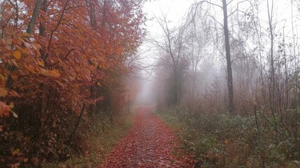 Obraz premium misty autumn morning in a dense forest, orange and red leaves on trees, a path covered with fallen leaves