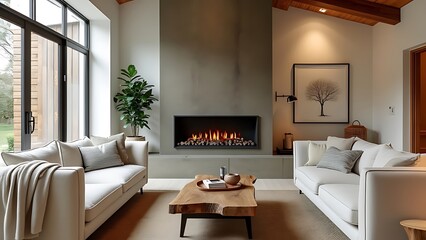 Fototapeta premium Two chairs and sofa near fireplace. French country interior design of modern living room.