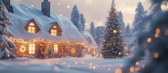 Fototapeta premium Charming snow-covered cottage decorated with Christmas lights and wreaths, surrounded by winter trees and a festive, illuminated pine tree