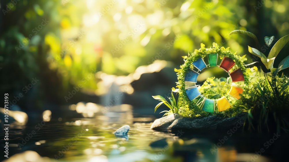 Poster a serene scene featuring a color wheel surrounded by lush greenery and a tranquil stream.