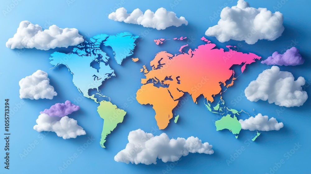 Poster a colorful world map surrounded by clouds, illustrating global themes and travel.