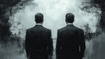 Conceptual artwork of siamese twin businessmen in abstract sketch