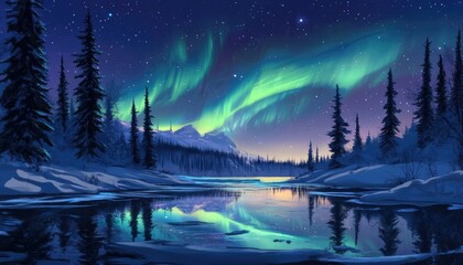 Fototapeta premium Northern Lights Reflecting in a Frozen Lake Surrounded by Snowy Trees