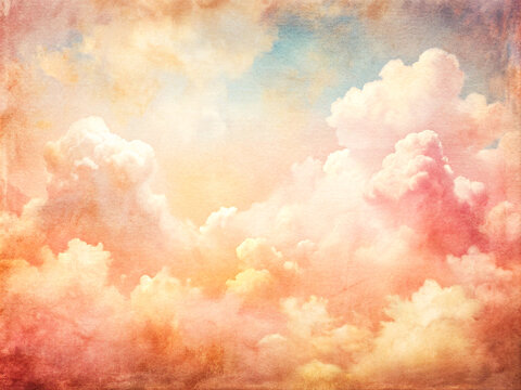 A watercolor fantasy clouds cape with stars and a crescent moon overlaid with a vintage