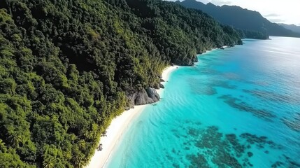Obraz premium Tropical paradise coastline with a calm turquoise sea, colorful coral reefs visible beneath the surface, and dense palm trees along a sandy beach.