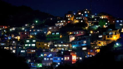 Night view of Gamcheon Culture Village in Busan, with colorful hillside homes lit softly under the stars.