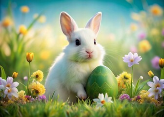 Fototapeta premium Adorable White Easter Bunny with Green Egg Surrounded by Colorful Spring Flowers