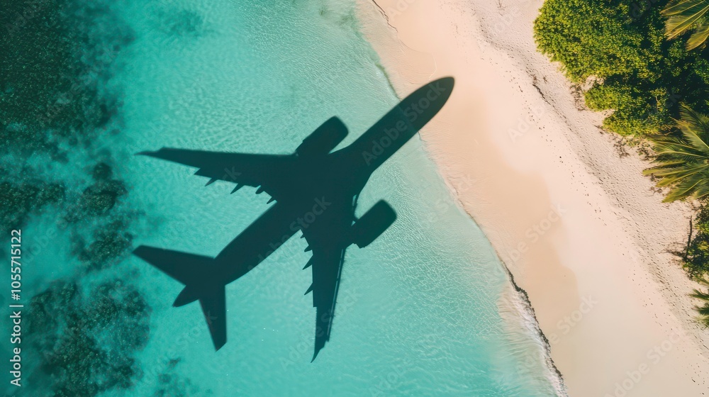 Wall mural an aerial view of an airplane casting a shadow over a tropical beach and clear water.