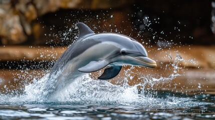 Obraz premium Playful dolphin leaping out of water with a splash.