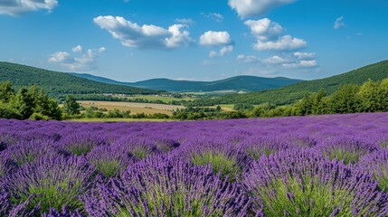 Lavender Field with Green Hills and Blue Sky