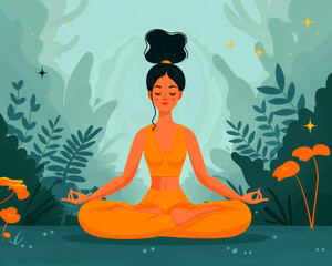 Meditating woman in orange yoga attire surrounded by lush greenery, embodying tranquility and focus. Perfect for wellness and fitness themes
