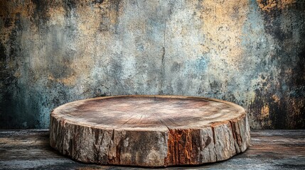 Fototapeta premium Rustic wooden podium on monochrome background, ideal for displaying perfumes, jewelry, or cosmetics, creating a natural, organic aesthetic