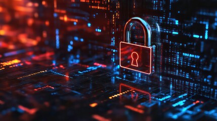 A digital padlock symbolizing cybersecurity in a futuristic tech environment.
