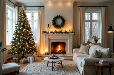 Christmas interior of light living room with fireplace 
