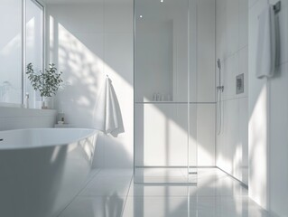 Fototapeta premium White-walled bathroom featuring minimalist design, glass shower, and grey tiles