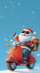 Obraz premium Santa Claus riding the motorbike to deliver the gifts in this festive cartoon illustration,Generated By Ai
