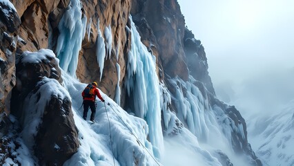 Climber with determination scaling icy cliffs amidst a misty backdrop