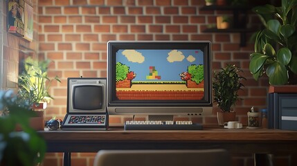Retro monitor with pixelated game displayed in high detail on a desk setup blending retro with contemporary style