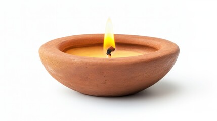 Simple clay diya with bright yellow flame, perfect for a peaceful atmosphere, isolated on white