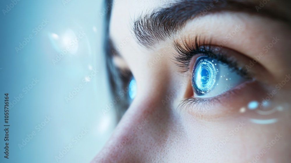 Poster The image features a close-up of a person's eye with luminous digital elements surrounding the iris, creating a futuristic effect.