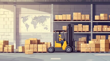 Cartoon Warehouse with Forklift and Boxes
