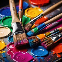 A paint palette with a variety of vibrant paints, each with different colors and textured strokes,...