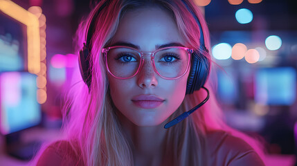 In a color blocking office setting with monitor and desk lamp, a mature female agent uses a headset and types on a keyboard