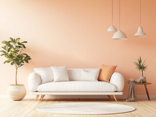 Winter living room with peach walls, a white minimalist couch, and neutral accents, creating a soft, calming retreat from the cold
