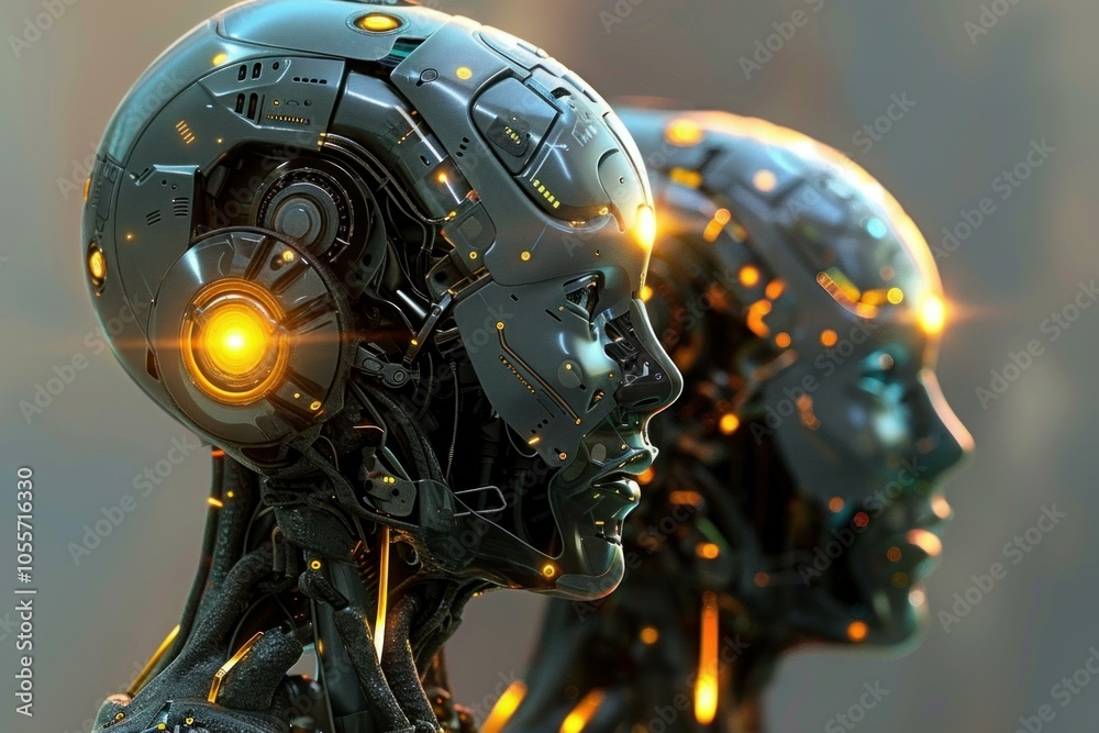 Poster two advanced ai robots with intricate circuitry are existing in a digital world