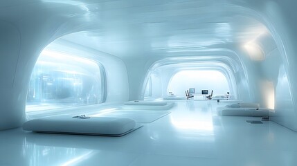 Fototapeta premium High-tech business space 2025 with interactive screens holographic displays collaborative teamwork and minimalist office design