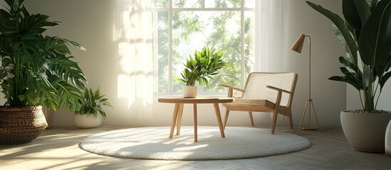 Cozy living room with a wooden chair, a coffee table, and plants near the window.