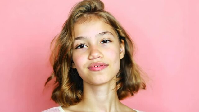 Cute, Happy, and Joyful Teenager Girl Smiling on a Pink Background