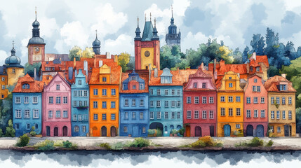 Obraz premium Charming old european houses with vibrant colors and classic architecture in artistic sketch
