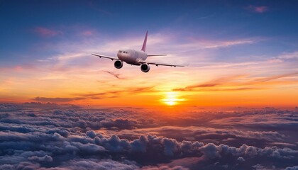 Airplane flying above clouds at sunset with vibrant colors in the sky.