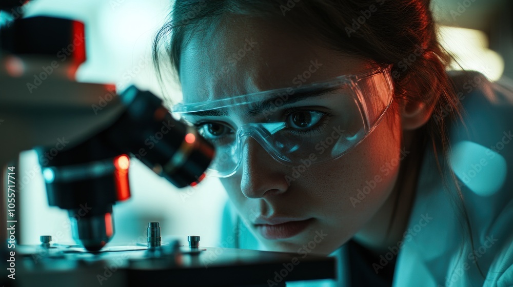 Poster close-up of a scientist's focused eye through a microscope lens