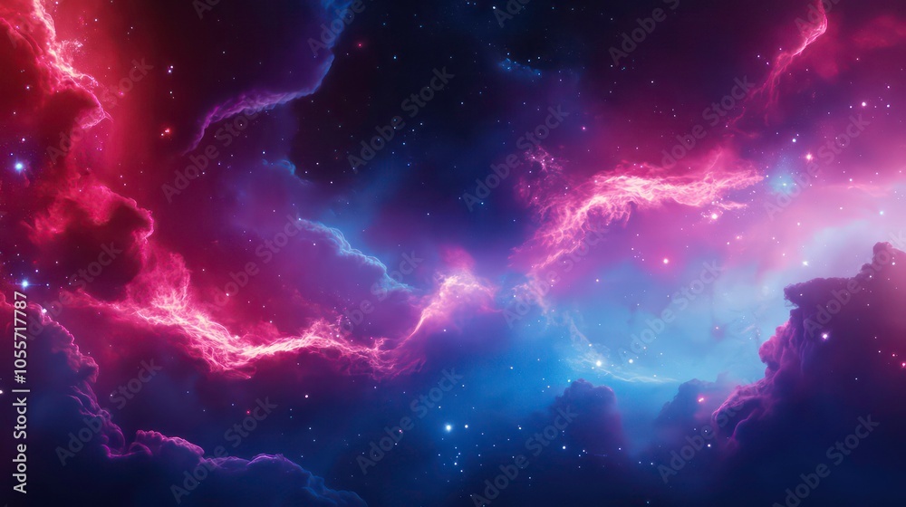 Poster a vibrant cosmic scene with swirling clouds and stars in deep colors.