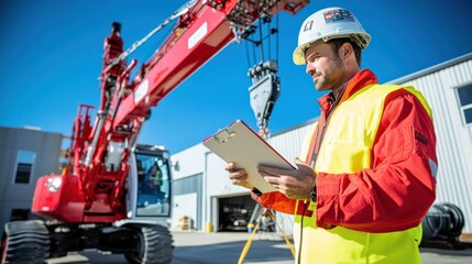 Construction Worker Inspecting a Crane with a Clipboard