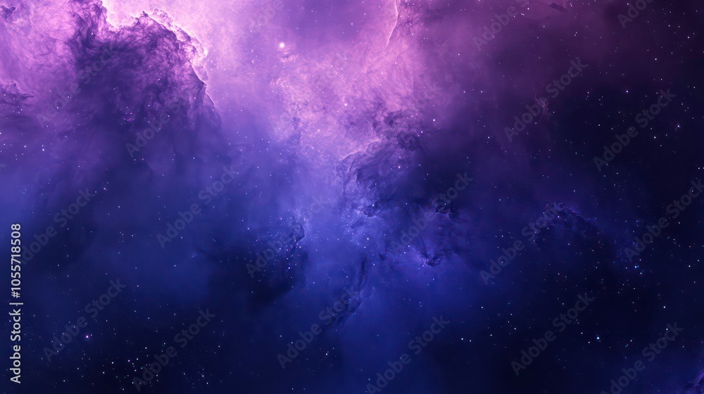 Poster a cosmic scene featuring swirling purple clouds and stars in a vast space backdrop.