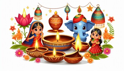 Diwali Celebration with Elephant  Girls  and Diyas