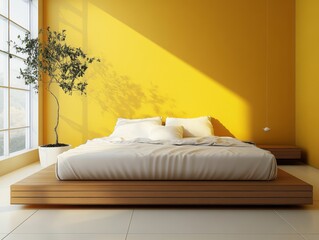 Yellow walls highlight the simplicity of this minimalist bedroom with clean lines and a low platform bed