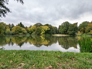 Cozy Autumn Pond Surrounded by Green Trees Under Cloudy Sky