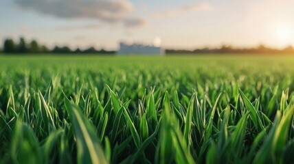 Obraz premium Vibrant green grass field at sunset a serene landscape highlighting nature's beauty and tranquility