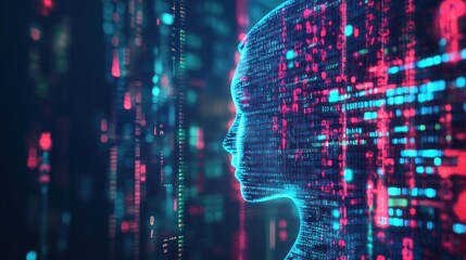 Fototapeta premium A digital profile of a human face made of code.