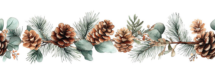 Naklejka premium seamless border pinecones and eucalyptus leaves arranged beautifully seasonal decorations transparent background