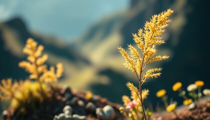 Fototapeta premium Golden grass and vibrant flowers in nature's embrace