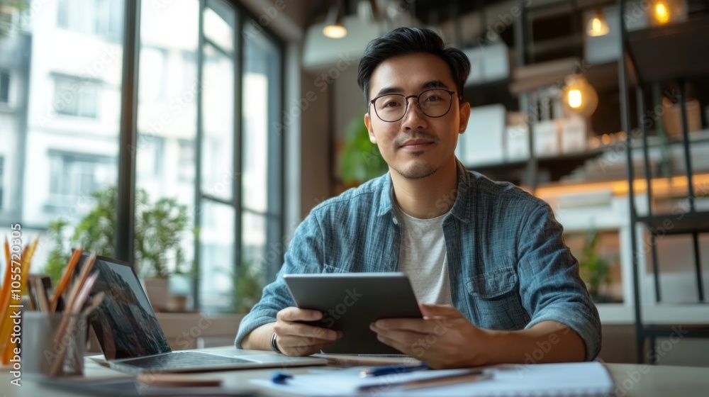 Fototapete a young man is attentively using a tablet, seated at a stylish desk in a contemporary office. natura
